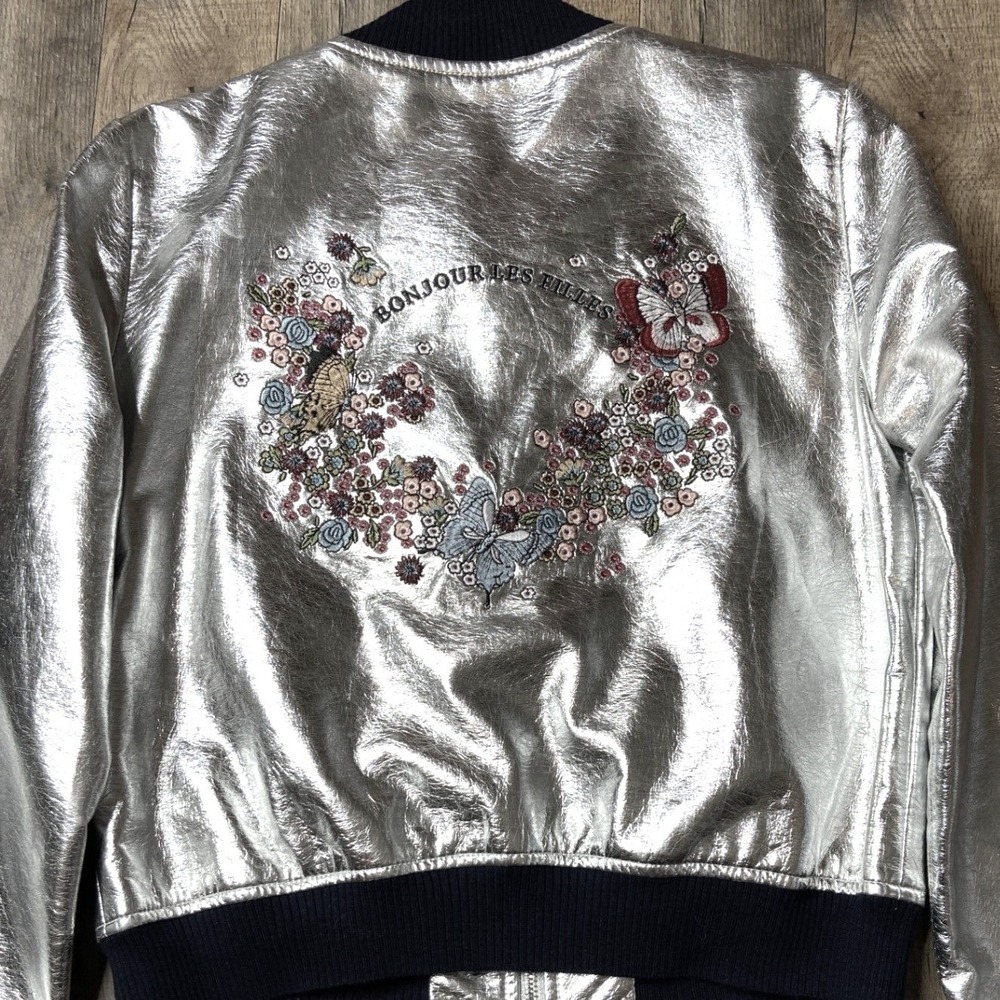 Zara Bomber Jacket Women Medium Bonjour Les Filles Metallic Embroidered Festival